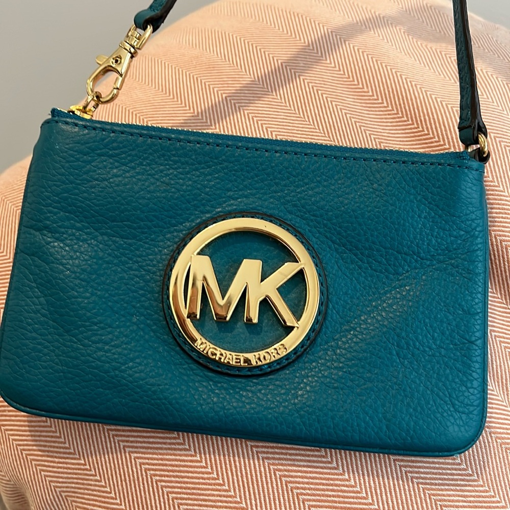Michael Kors Teal Leather Wristlet with Gold MK Logo